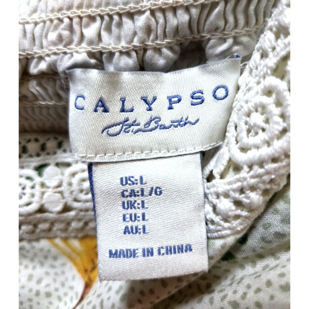 Calypso St. Barth Dress L Maxi Tiered Palm Trees Crochet Lace Straps Cream/Green - Picture 12 of 15
